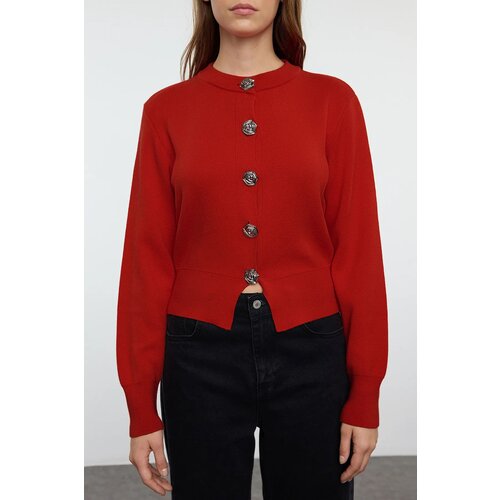 Trendyol Dark Red Premium Yarn/Special Yarn Crop Rose Button Detail Knitted Cardigan Slike
