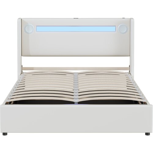 Lumor Postelja s predalom 140x200 cm iz umetnega usnja &amp;ndash; LED, Bluetooth, USB priključki in letveno dno &amp;ndash; bela, (22151566) Slike