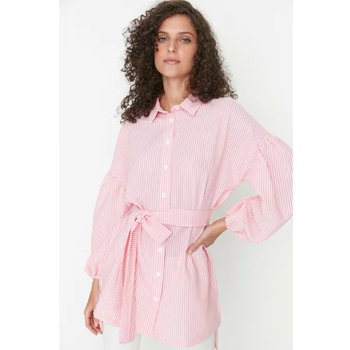 Trendyol Pink Striped Belted Balloon Back Sleeve Long Woven Shirt