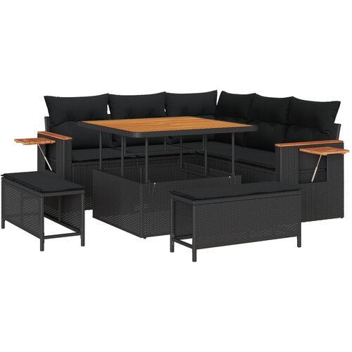 VidaXL 8-dijelni set vrtnih sofa s jastučićima Crni poliratan akacija, 3-dijelni vrtni set za objedovanje s jastučićima Crni poliratan akacija Slike