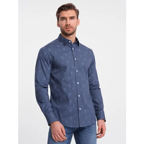 Ombre Classic men's cotton SLIM FIT shirt in palm trees - dark blue