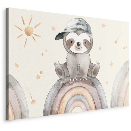  Slika - Happy Sloth - Sloth in Subdued Colors Wearing a Cap Sitting on a Rainbow Among Little Stars 120x80 Standard Cene