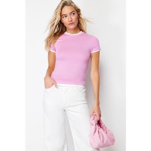 Trendyol Pink Viscose/Soft Fabric Color Block Body Fitting Stretchy Knitted T-Shirt Cene
