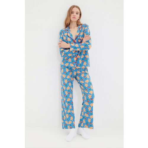 Trendyol Blue Christmas Themed Knitted Pajamas Set Slike