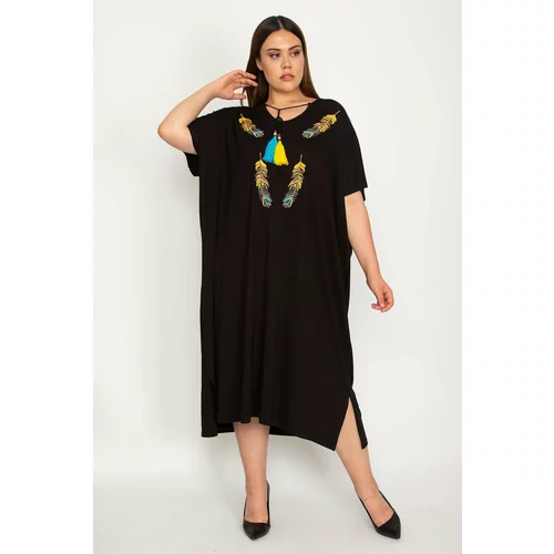 Şans Women's Plus Size Black Embroidery Detailed Side Slit Dress