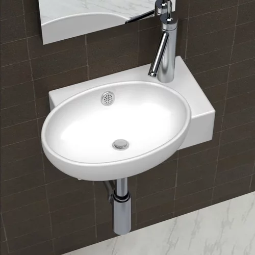 vidaXL Keramični kopalniški umivalnik z luknjo za pipo in prelivanje bel