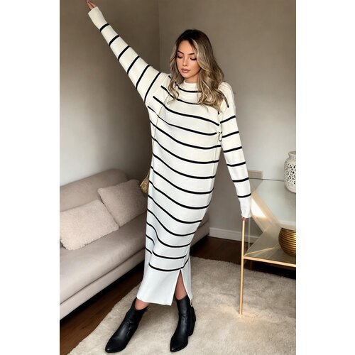 Dewberry Z3059 Womens Striped Long Sleeve Knitwear Dress-WHITE Slike