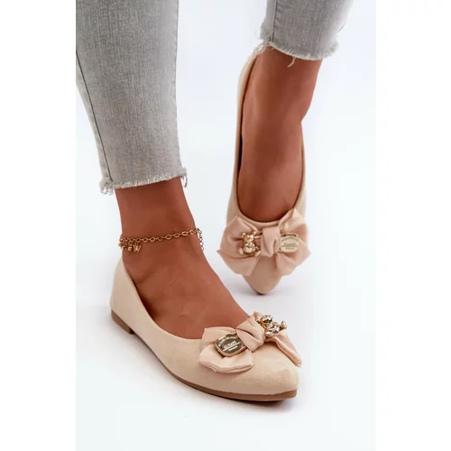 Kesi Women's eco suede ballerinas with bow and brooch, light beige satris