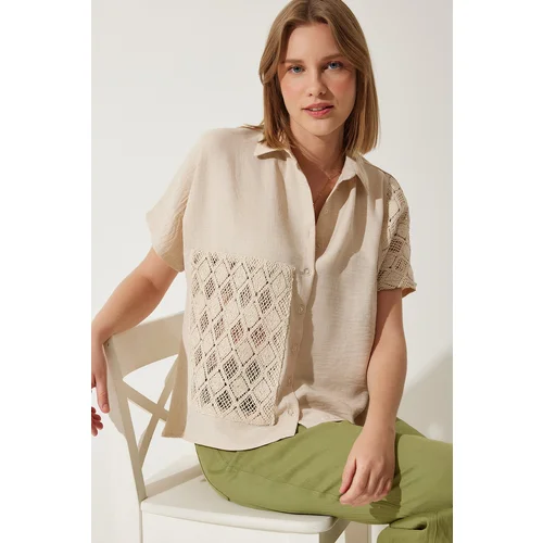  Women's Cream Crochet Lace Detailed Linen Shirt