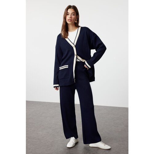 Trendyol Navy Blue Color Block Gold Buttoned Pocket Cardigan-Trousers Knitwear Bottom-Top Set Slike