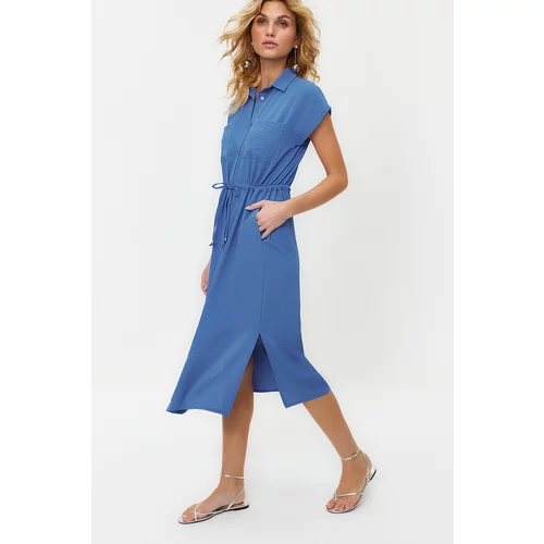 Trendyol Dark Blue Gathered Waist Pocket Detailed Midi Aerobin Woven Dress