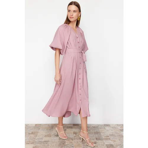 Trendyol Pink Belted Half Balloon Sleeve Linen Look Woven Shirt Dress