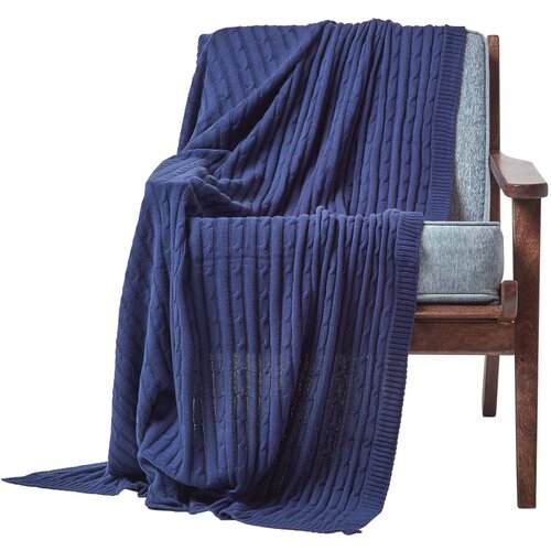 HOMESCAPES Bombažna pletena odeja Cable Knit Blanket Navy Blue, 130x170 cm, (20749828) Cene