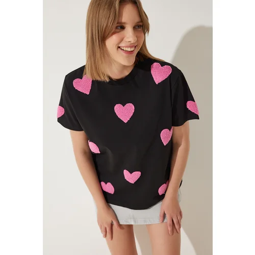  Women's Black Textured Heart Oversize Knitted T-Shirt