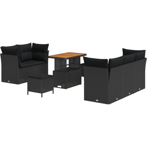 VidaXL Set od 8 komada vrtnih sofa s jastučićima Crni Poliratan Akacija, 3-dijelni set vrtnih blagovanja s jastučićima Crni Poliratan Akacija Slike