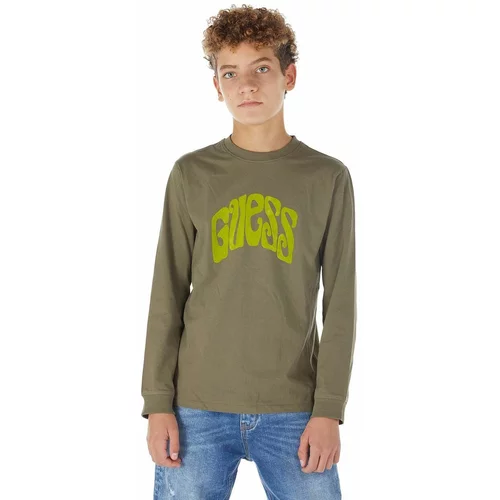 Guess Otroška bombažna majica z dolgimi rokavi zelena barva