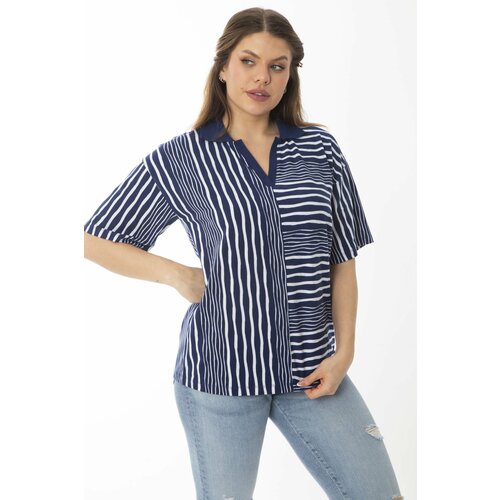 Şans Women's Plus Size Navy Blue Striped Combination Blouse Slike