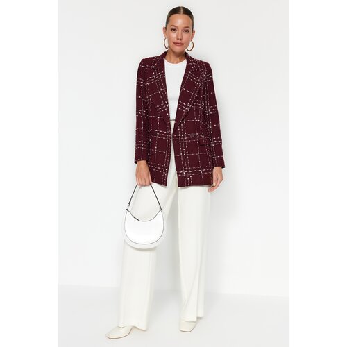 Trendyol Burgundy Oversize Woven Plaid Blazer Jacket Cene