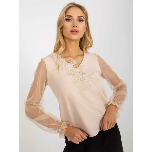 Fashion Hunters Beige formal blouse with mesh sleeves