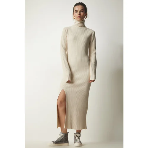  Women's Cream Stand-Up Collar Slit Knitwear Dress