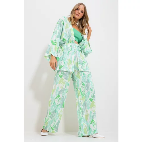 Trend Alaçatı Stili Women's Green Kimono Jacket And Palazzo Pants Suit