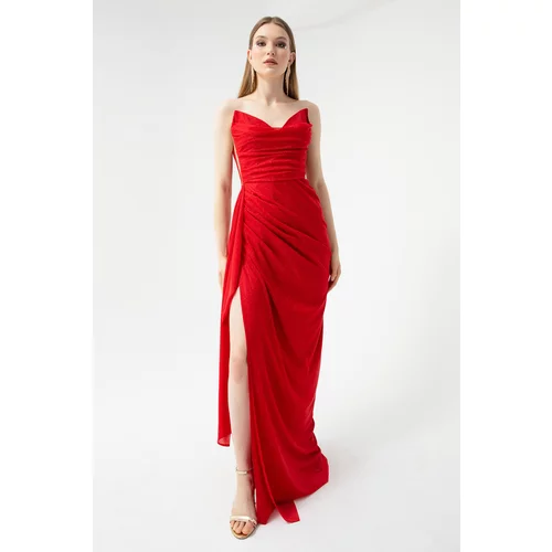 Lafaba Women's Red Bust Draped Slit Glittery Evening Dress.