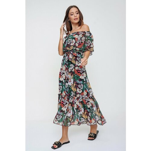 By Saygı Floral Pattern Frilled Chiffon Dress With Frill Collar Belted Waist Green Cene