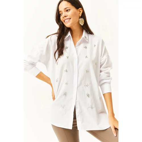 Olalook Women's White Collar and Six Oval Woven Shirt with Stones
