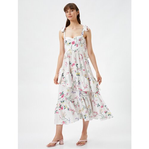 Koton Floral Dress With Tie Midi Straps, Flounces Sweetheart Collar Slike
