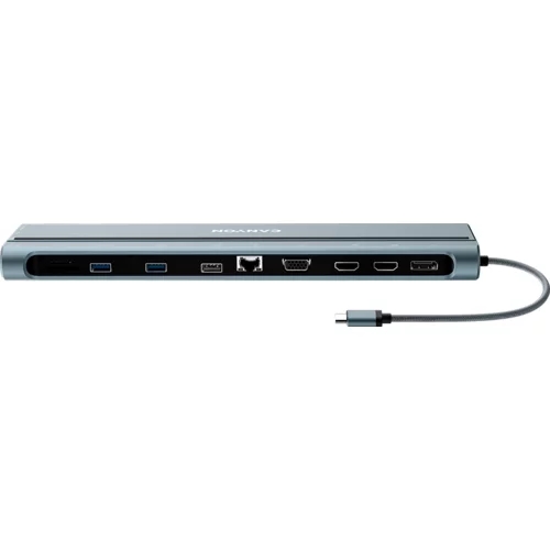 Canyon DS-90, 14 in 1 hub, with Type C female *2,Type C male *1:max 10Gbps,USBA*3:max 10Gbps,DP*1，VGA*1,SD card slot*1,TF card slot*1,Audio 3.5 audio*1,HDMI*2,RJ45*1,cable length 0.20m,Aluminum alloy housing,76*22.5*301mm,Dark grey - CNS-HDS90