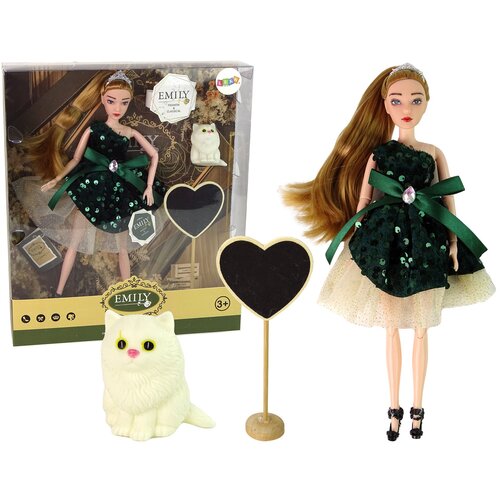  Lutka za igru Emily sa bijelom mačkom i crnom haljinom - crna Slike