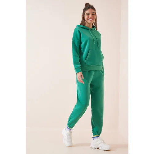 Happiness İstanbul Women's Vibrant Green Hooded Raspberry Knitted Tracksuit Set