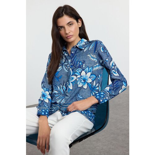 Trendyol Blue Floral Patterned Oversize Wide Pattern Shirt Slike