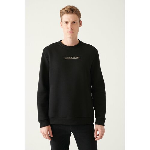 Avva Men's Black Crew Neck 3 Thread Fleece Printed Regular Fit Sweatshirt Slike