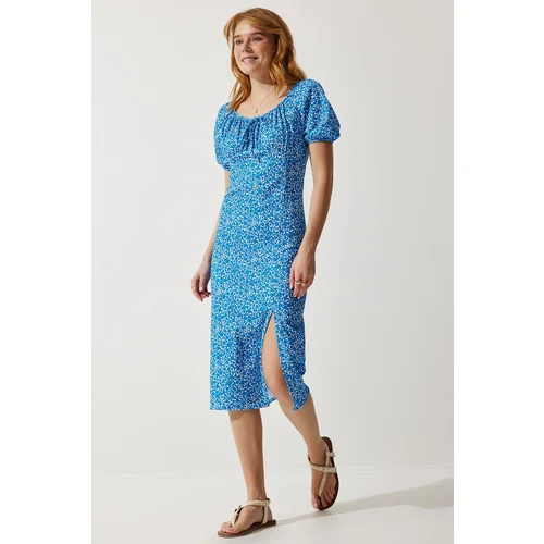  Women's Blue Patterned Gathered Knitted Dress