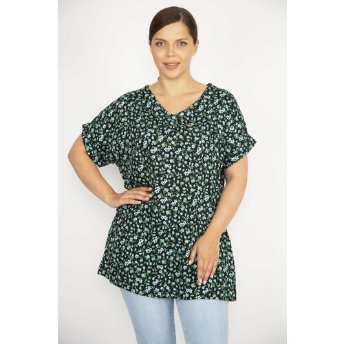 Şans Women's Green Plus Size Woven Viscose Fabric Floral Pattern Side Pockets Double Sleeve Blouse Slike
