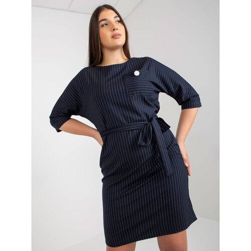 Fashion Hunters Elegant navy blue plus size striped dress with a tie Slike