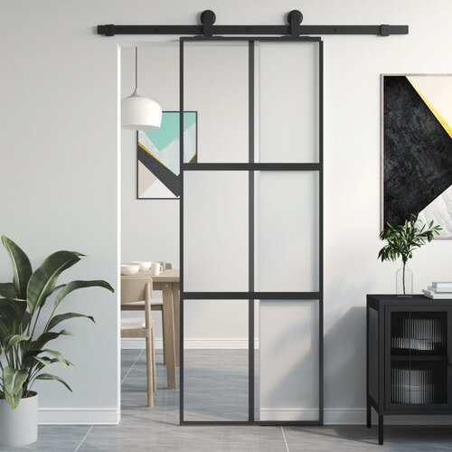 VidaXL Drsna vrata črna 76x205 cm kaljeno steklo in aluminij Slike