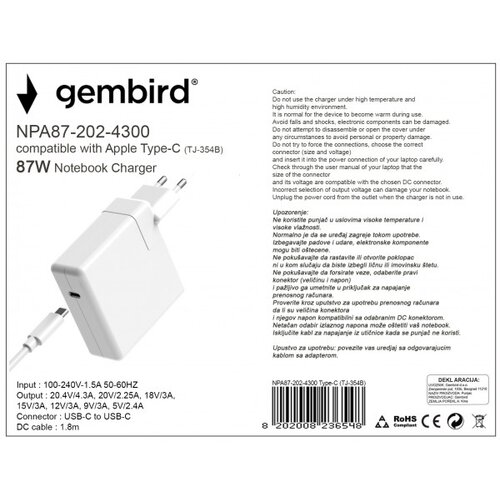 Gembird NPA87 202 4300 TJ 354B Apple Type C USB C punjač za MacBook 87W 20,2V 4.3A, USB Type C Cene