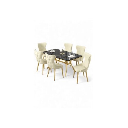 Hanah home Rasklopivi trpezarijski sto i stolice (7 delova) Esla Black Marble Gold Cream Cene