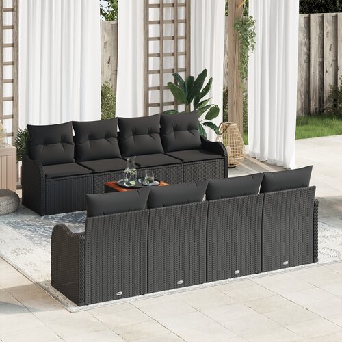 VidaXL 9-dijelni set sofe za vrt s jastučićima Crni poli ratan Acacia, 2-sjedalna vrtna sofa s pohranom i jastučićima Crni poli ratan Slike
