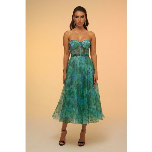 Carmen Green Impregnation Strapless Midi Evening Dress Slike