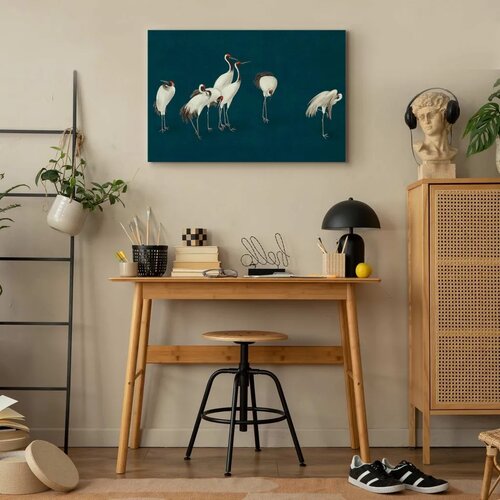  Slika - Evening by the pond - a group of cranes drawn in dry pastel on a dark turquoise background 30x20 Na talijanskom platnu Cene