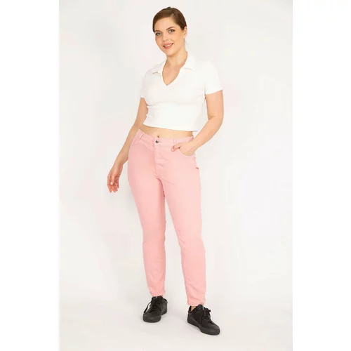 Şans Women's Pink Plus Size Lycra 5-Pocket Trousers with Elastic Waist Side