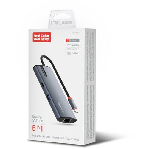 COLORWAY USB Hub (Docking Station) USB-C 6-u-1 Type C PD 100W/USB3.0x3/USB2.0/RJ45 Cene