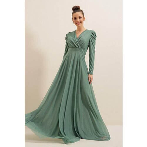 By Saygı Lace Neck Shoulder Pleated Lined Glittery Long Dress Cene