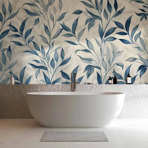  Foto tapeta - Leaves in Blue Colors Delicate Botanical Motif 400x280 Vodootporna Slike