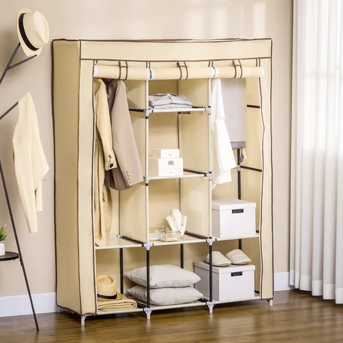 HOMCOM Fabrična garderobna omara z 8 policami in 2 palicama, prenosna garderobna omara z dvižnimi vrati, 125x43x162,5 cm, bež, (20754136)