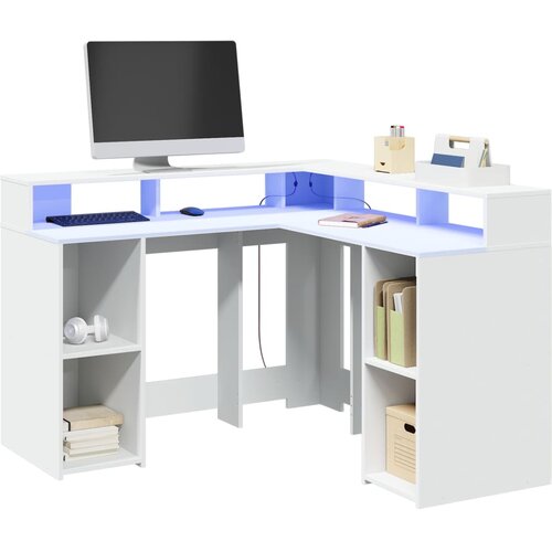  Radni stol s LED svjetlima bijeli 130 x 130 x 91 cm drveni Cene