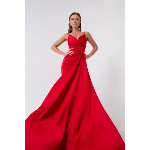 Lafaba Women's Red Long Satin Evening Dress with Straps, Graduation Dress